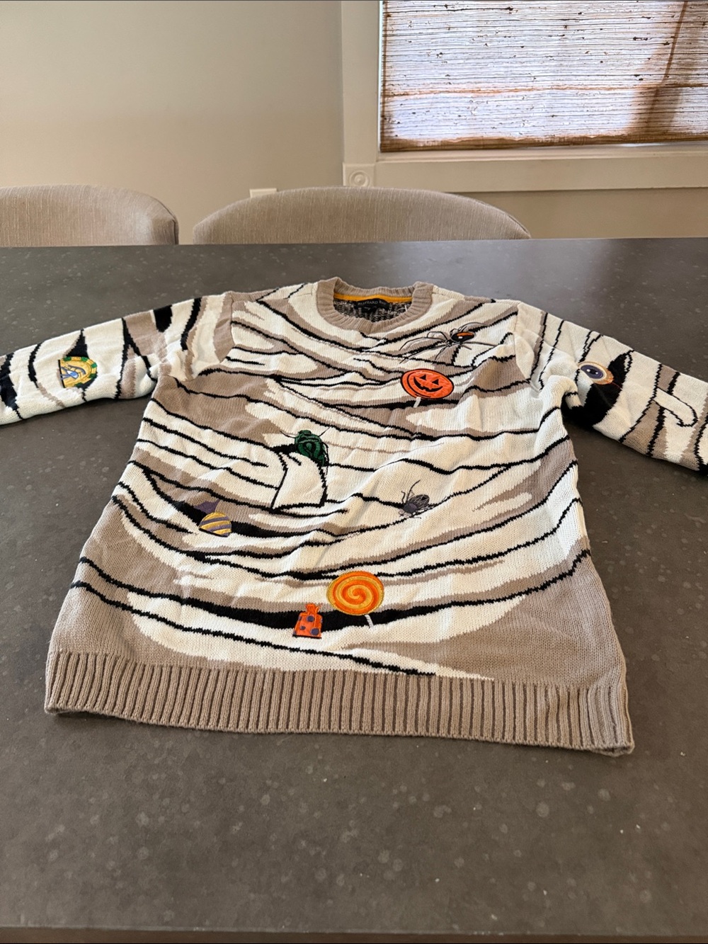 Beige & White Mummy-Striped Halloween Crewneck Sweater BNWOT